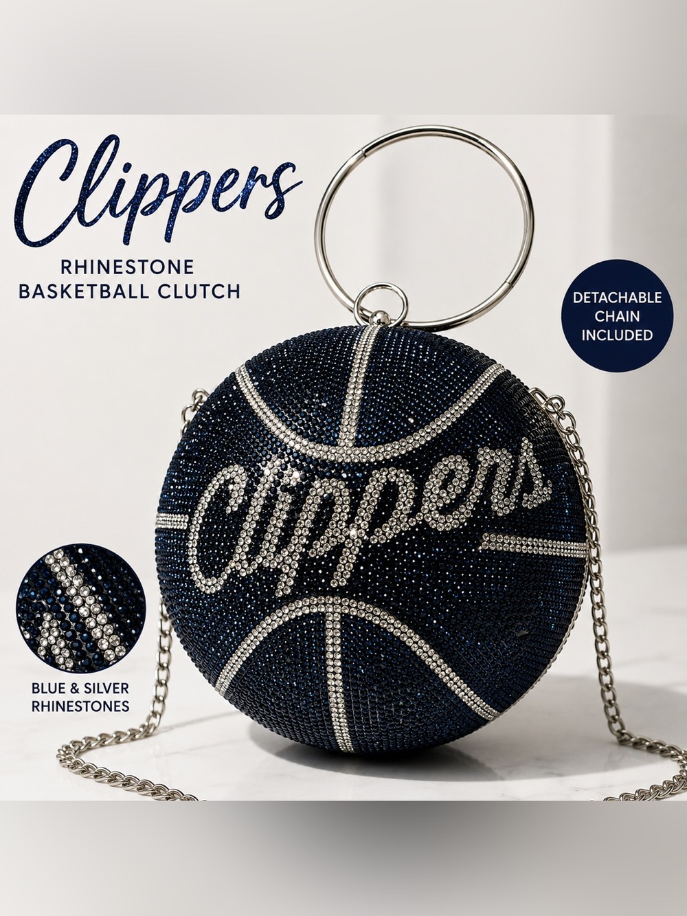 NBA LA Clippers Rhinestone Basketball Round Clutch Purse Evening Bag Blue Silver